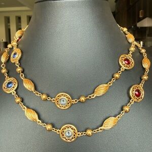 Vintage Gold Tone Red Blue & Clear Glass Necklace Mogul Style Station Set Unique